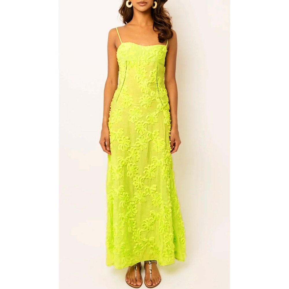 Amy Lynn Sofia Chartreuse Green Raised 3D Floral Patchwork Maxi Dress Size M